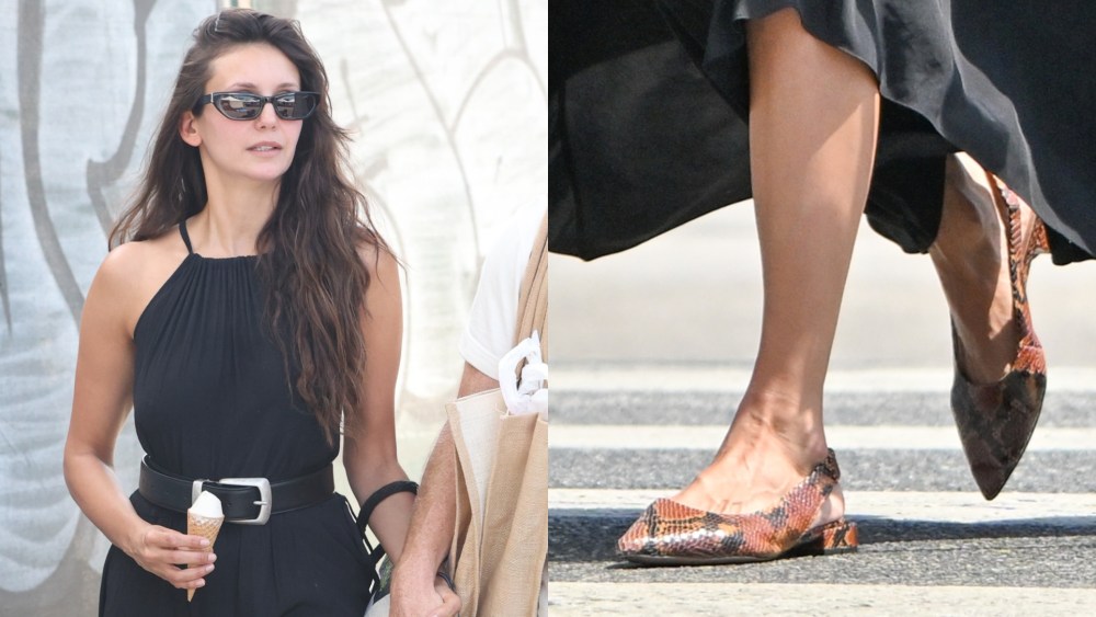 nina dobrev wears snakeskin slingback flats in los angeles on august 24, 2025