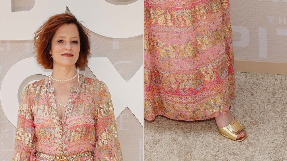 Parker Posey wears Roger Vivier’s gold Trompette mules at two "The White Lotus" adjacent events in Los Angeles over the weekend.