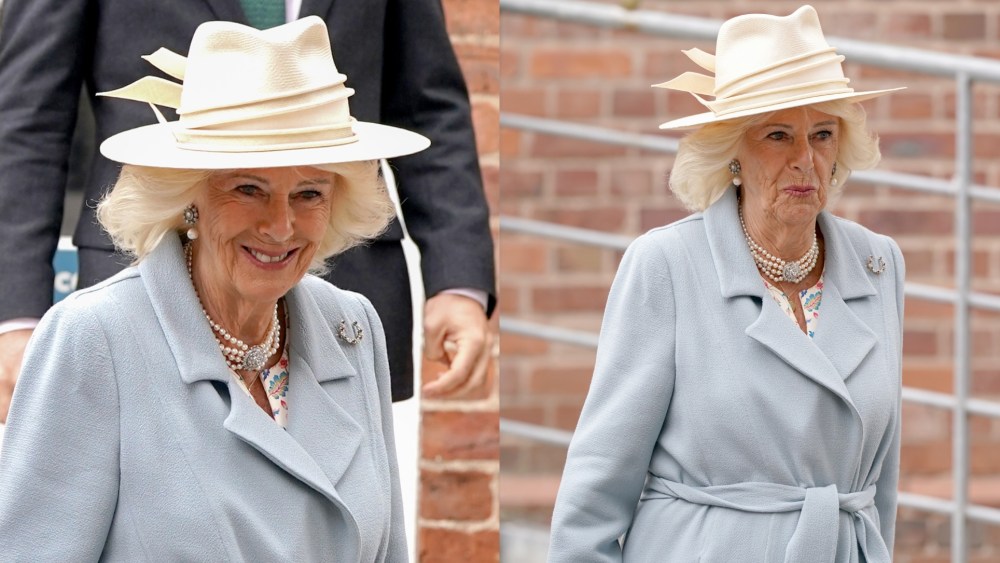 Queen Camilla wears the history 'Minoru' brooch with her Anna Valentine coat for day two of the Ebor Festival at York Racecourse on Aug. 21, 2025 in York, England.