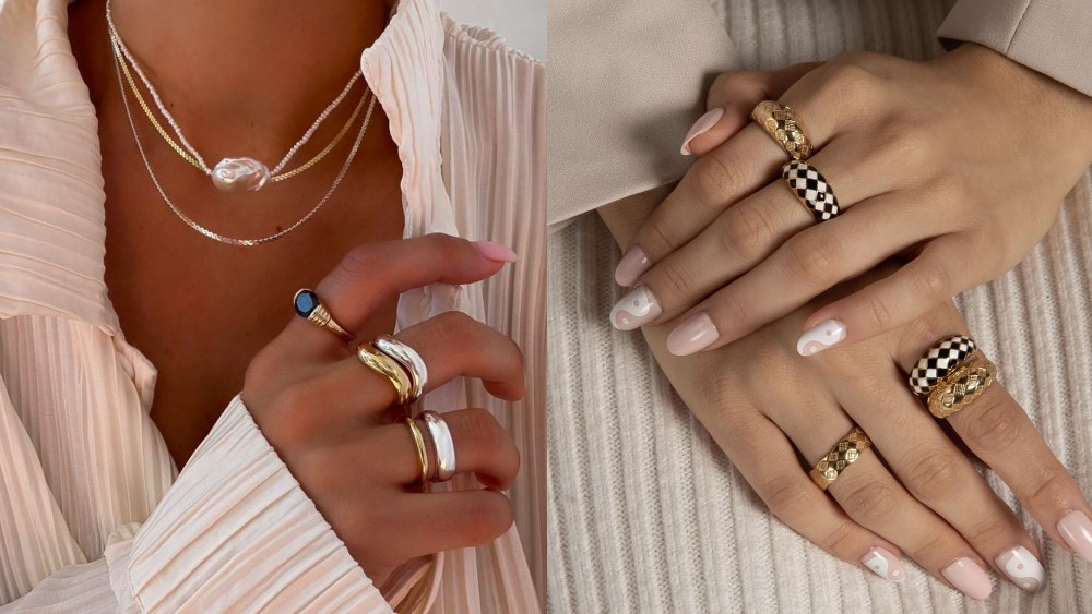 a mix of silver and gold rings stacked together