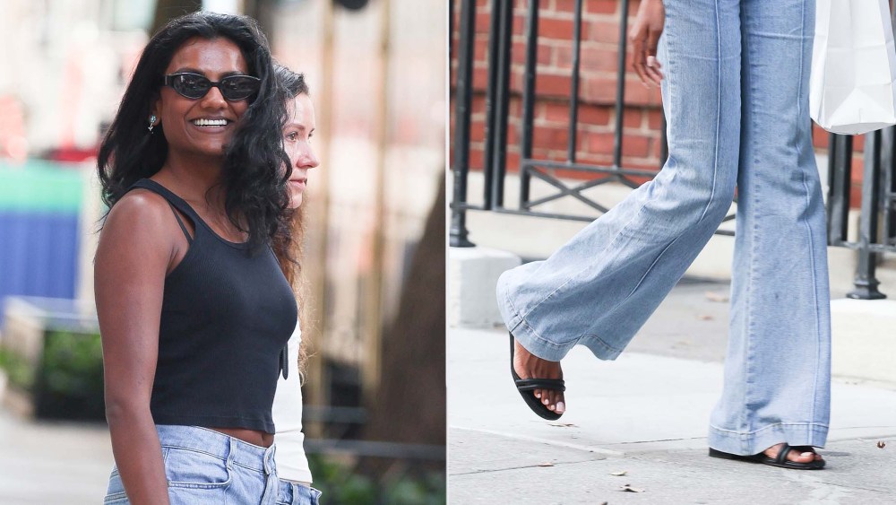 Simone Ashley wearing Chanel black flat sandals while on the set of "The Devil Wears Prada 2" on the Upper East Side on Thursday.