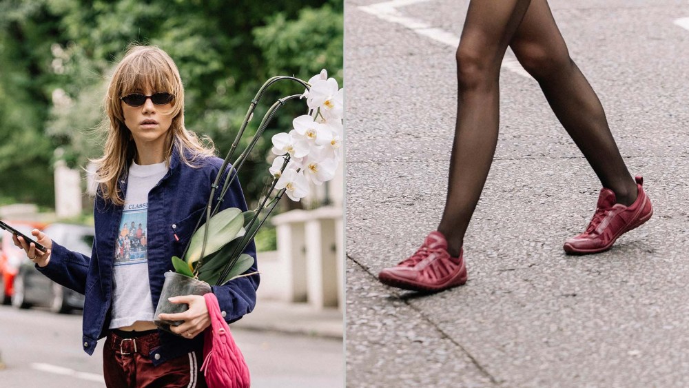 Suki Waterhouse wearing Ecco's Biom Lite leather sneakers in red while flower shopping in London.