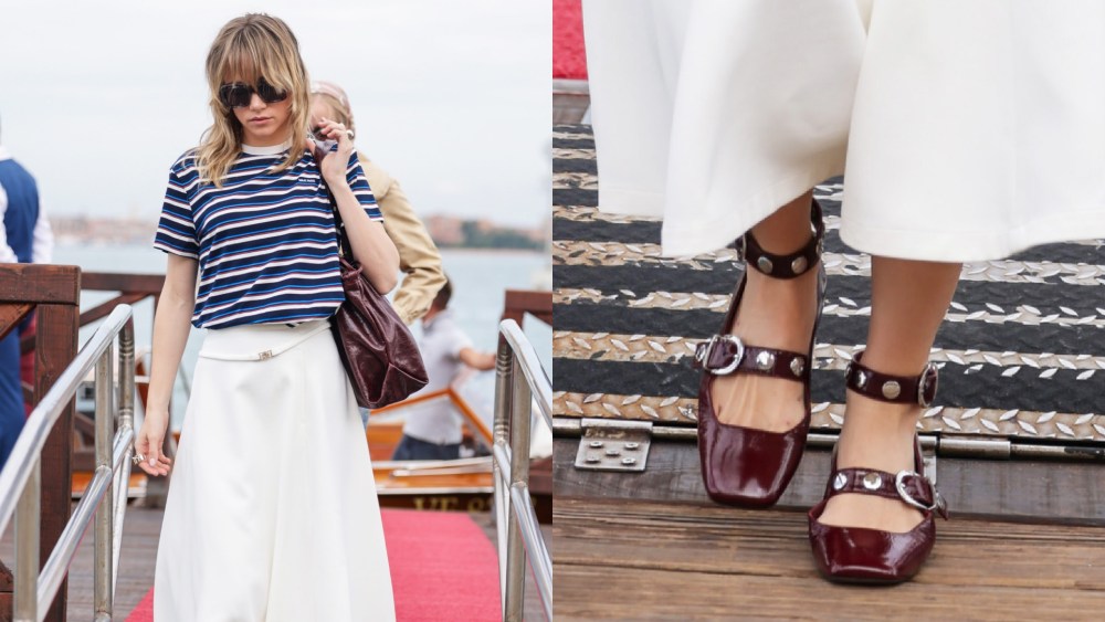 Suki Waterhouse was spotted at the Venice Film Festival 2025 in studded Mary Jane flats.