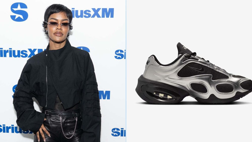 Teyana Taylor wearing Nike Air Max Muse sneakers in the metallic silver and black colorway at SiriusXM Studios in New York City.
