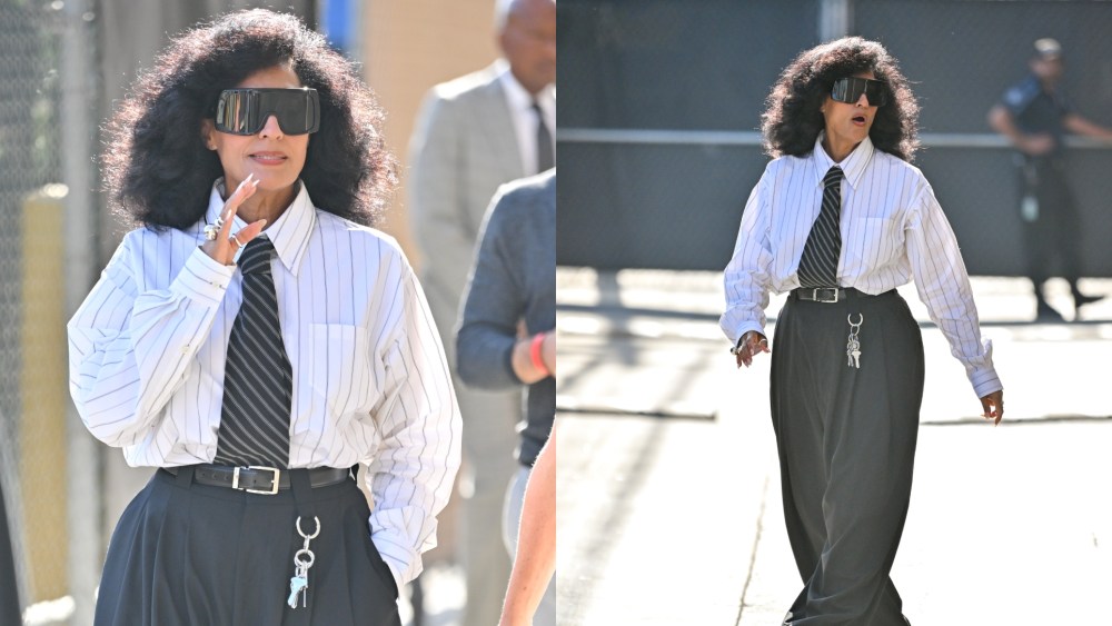 Tracee Ellis Ross wearing a Willy Chavarria menswear-inspired look for "Jimmy Kimmel Live!"
