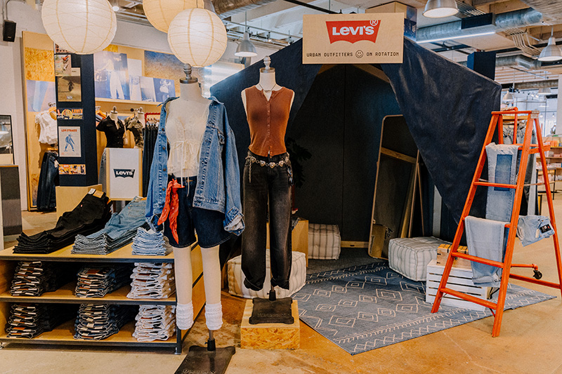 Urban Outfitters x Levi's On Rotation collaboration featured with in-store displays.