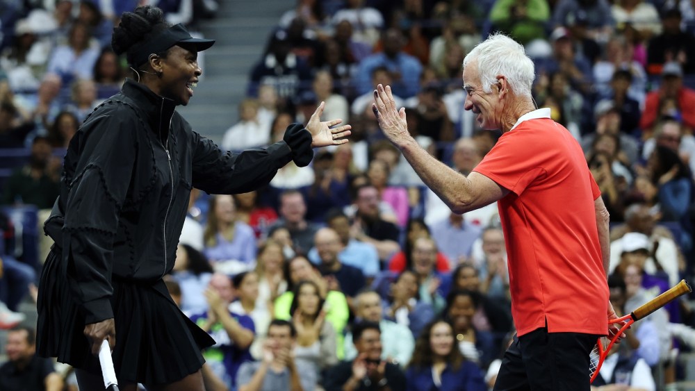 Venus Williams wears a monochrome tennis kit for the Stars of the Open exhibition match ahead of the 2025 U.S. Open on Aug. 21, 2025 in New York City.