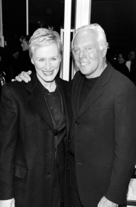 Glenn Close and Giorgio Armani attend a book party for "Sophia Lopren's Recipes and Memories" at the flagship Armani store in New York City on February 3, 1999.