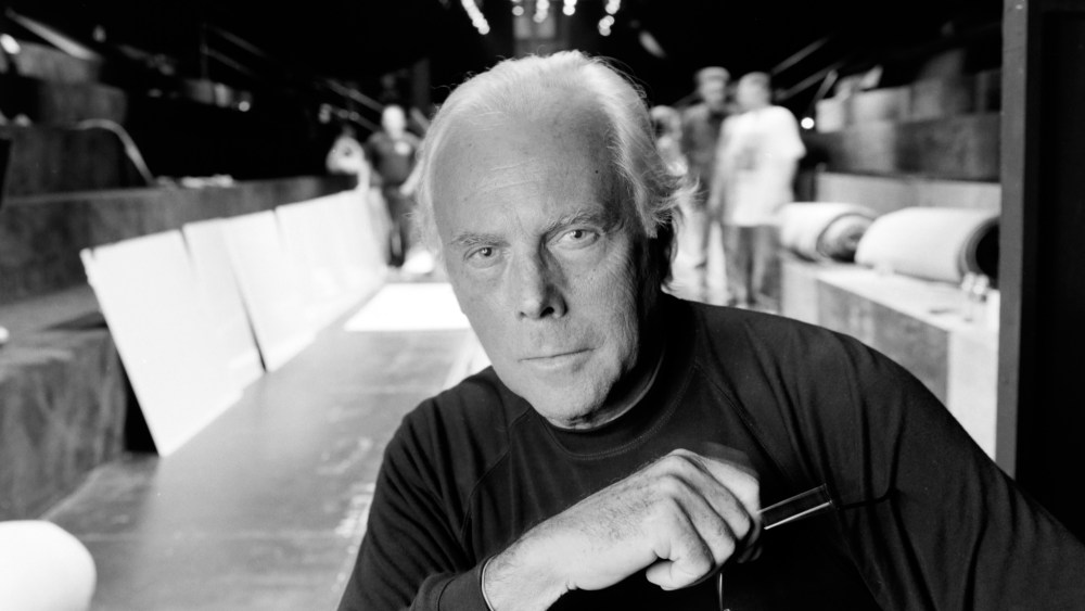 Designer Giorgio Armani poses for portraits in Cipriani Wall Street, where his first fashion show presenting a new collection in the United States will take place.