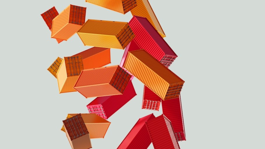 Digital generated image of warehouse of shipping containers. Concept of business logistics and freight transportation.