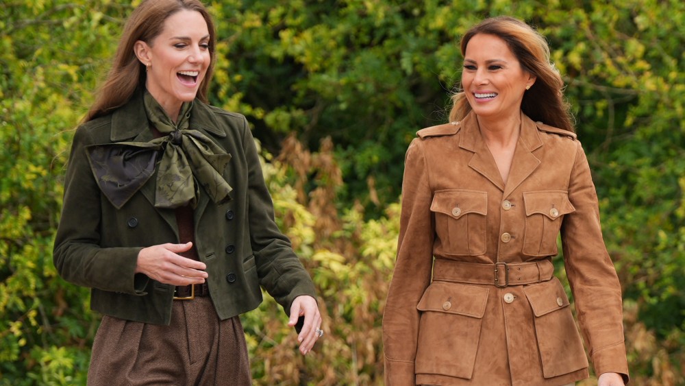 WINDSOR, ENGLAND - SEPTEMBER 18: U.S. First Lady Melania Trump (R) and Catherine, Princess of Wales tour the grounds of Frogmore Cottage where they met members of the Scouts' Squirrels programme, during the State visit by the President of the United States of America and U.S. First Lady Melania Trump, on September 18, 2025 in Windsor, England. (Photo by Yui Mok - WPA Pool/Getty Images)