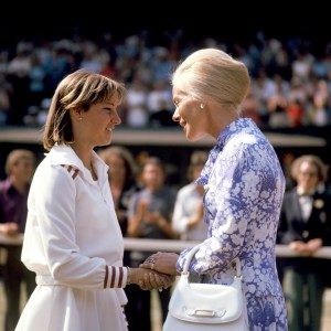 HRH The Duchess of Kent (r) congratulates Chris Evert (l) on her victory  (Photo by S&G/PA Images via Getty Images)