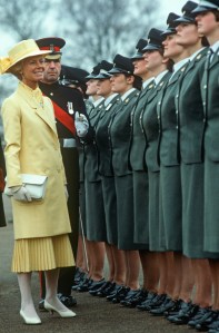 SANDHURST - APRIL 6: The Duchess of Kent takes the inspection at the Sovereign's Day Parade at Sandhurst on April 6, 1983. (Photo by David Levenson/Getty Images)