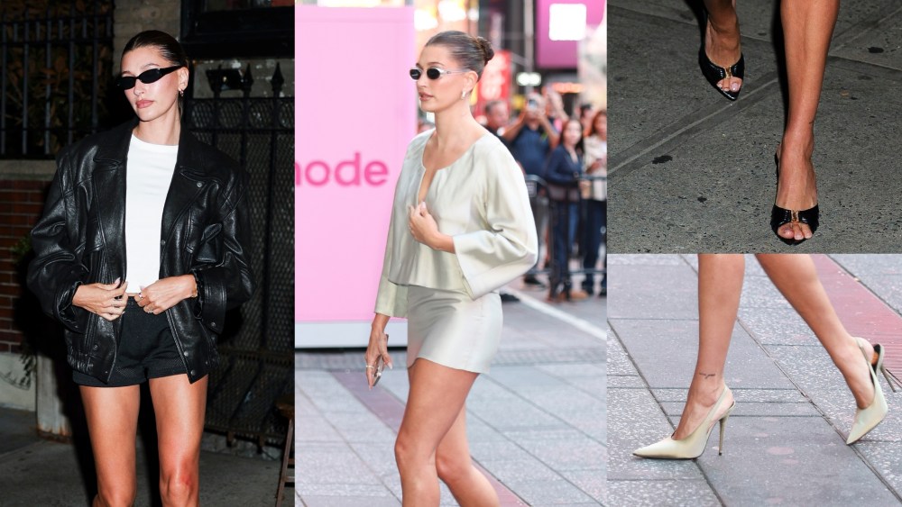 Hailey Bieber in New York City on Sept. 3 (left and top right) and Sept. 2 (middle and bottom right) wearing Saint Laurent heels.