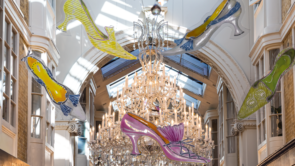 Inside Manolo Blahnik's Marie Antoinette-themed installation at the Burlington Arcade.