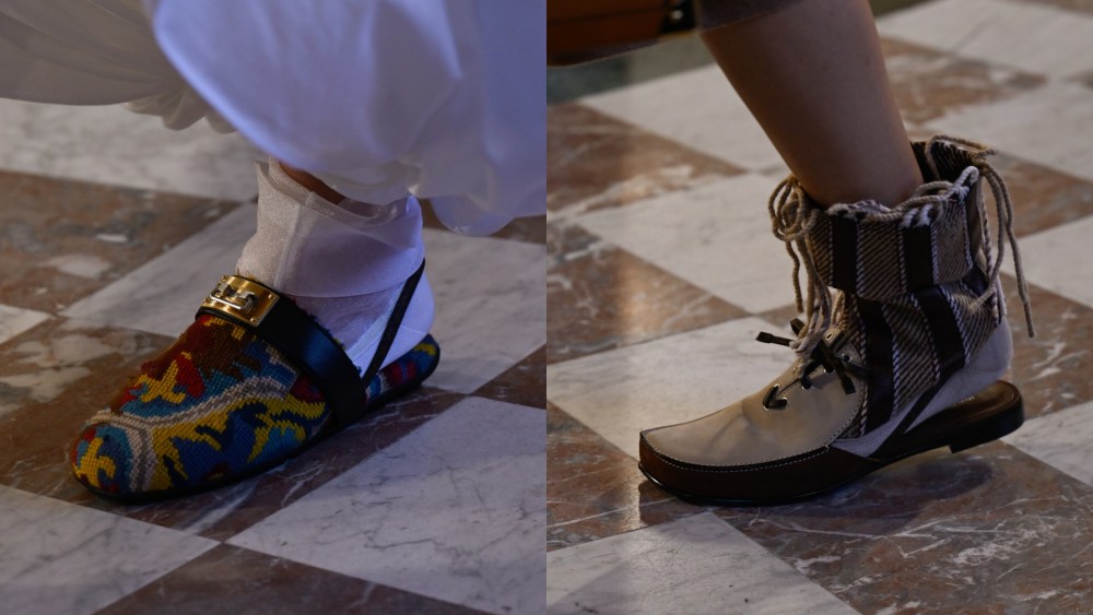 Shoes on the runway at the Louis Vuitton fashion show as part of Spring/Summer 2026 Paris Fashion Week held at The Louvre on Sept. 30, 2025 in Paris, France.