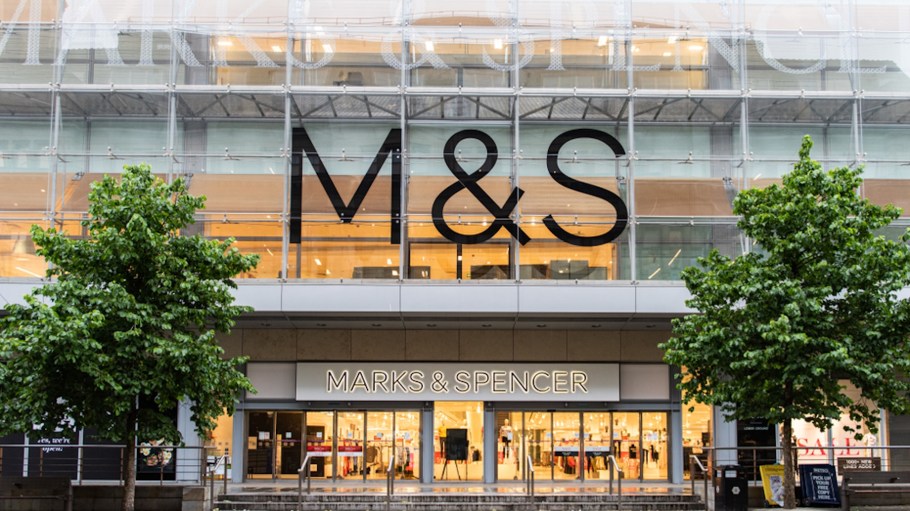 Marks & Spencer store front on Market Street in Manchester City Centre.