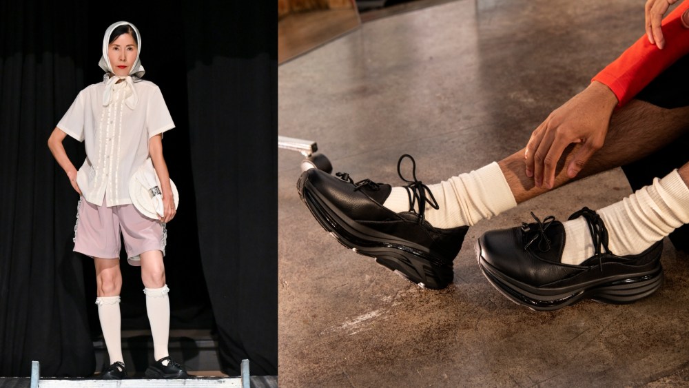 Left: A model in the Tanner Fletcher spring 2026 show on Sept. 15, 2025 wearing Hoka Bondi Mary Jane shoes.
Right: Campaign image for Hoka Bondi Mary Jane shoe.