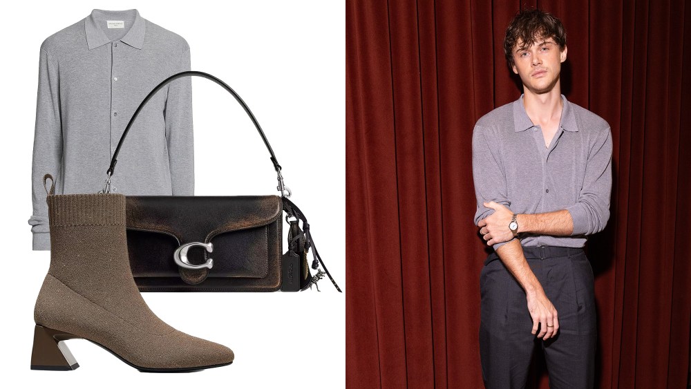 assortment of celebrity-worn clothing and accessories at amazon over white background; chris briney posing at amazon fashion event during NYFW