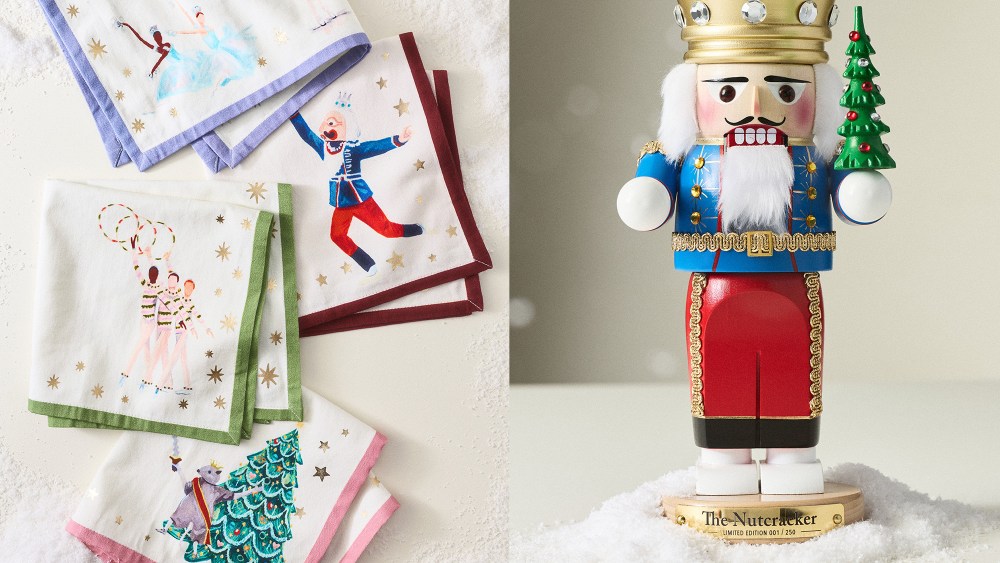 anthropologie x new york city ballet cocktail napkins with colorful embroidery; nutcracker decorative figurine resting in pile of snow