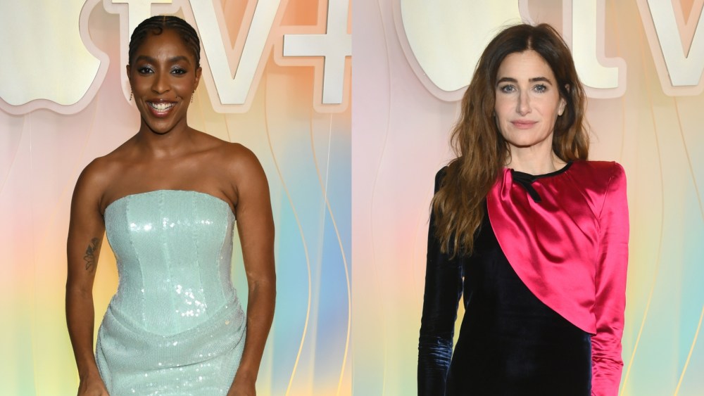 Jessica Williams in a strapless seafoam green sequin dress, left, and Kathryn Hahn in Valentino at the Apple TV+ Primetime Emmy Party on Sept. 14, 2025 in Los Angeles.