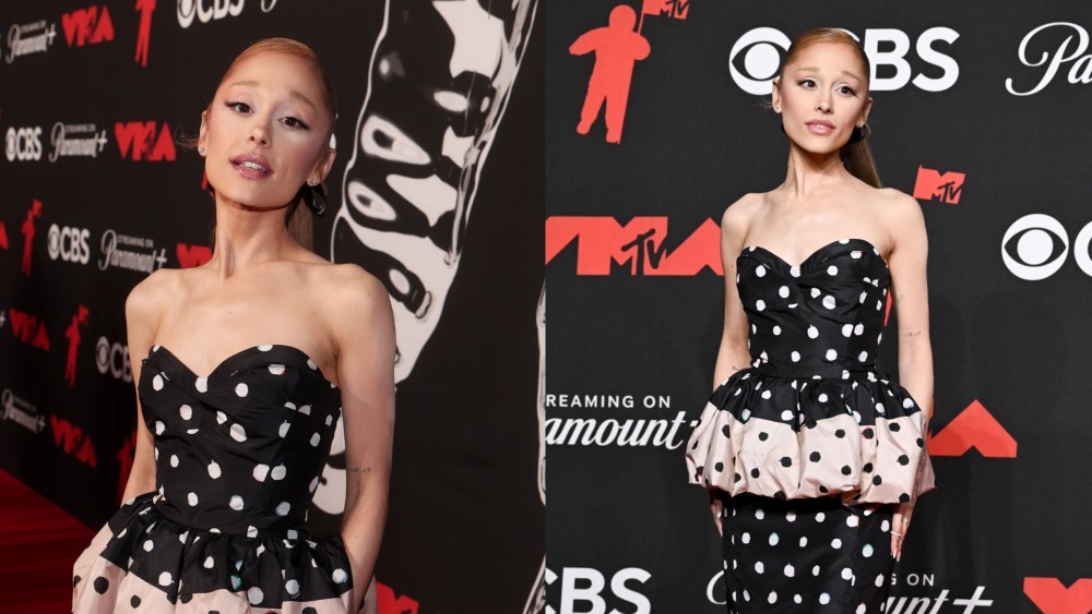 Ariana Grande wears a custom Fendi polka dot dress to the MTV VMAs 2025 in New York City.