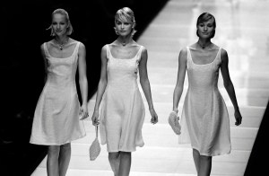 Model Linda Evangelista at Emporio Armani Spring 1996 Ready-to-Wear