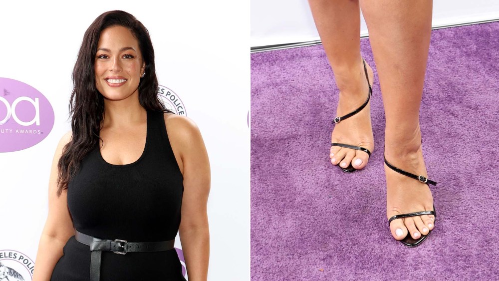 Ashley Graham wearing Giuseppe Zanotti's Audrinette Sandals in glossy black at the Daytime Beauty Awards in Los Angeles on Sunday.