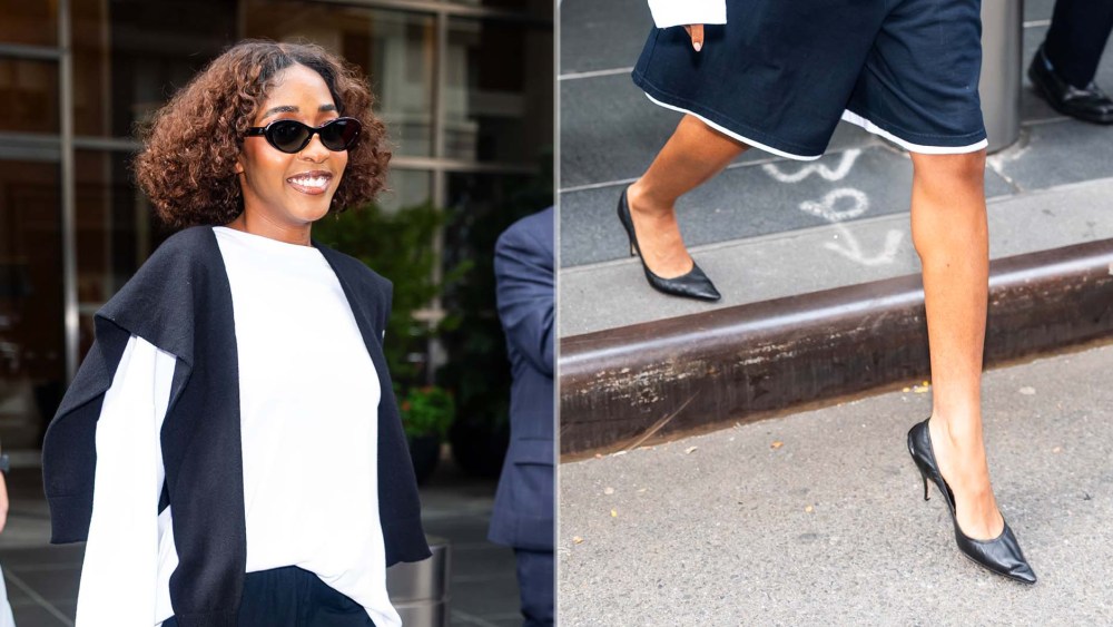 Ayo Edebiri is seen wearing The Row’s Liisa Pumps in black in Midtown on Saturday, September 27, 2025 in New York City.