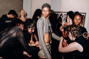 Backstage at the Elena Velez spring 2026 ready-to-wear show at New York Fashion Week.