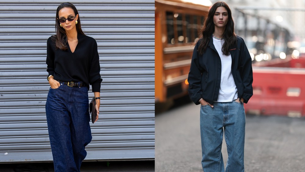 two women showcasing their baggy jeans outfits during NYFW 2025