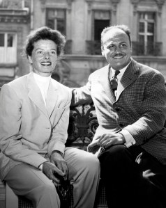 French fashion designer Pierre Balmain with US actress Katharine Hepburn, 1950.