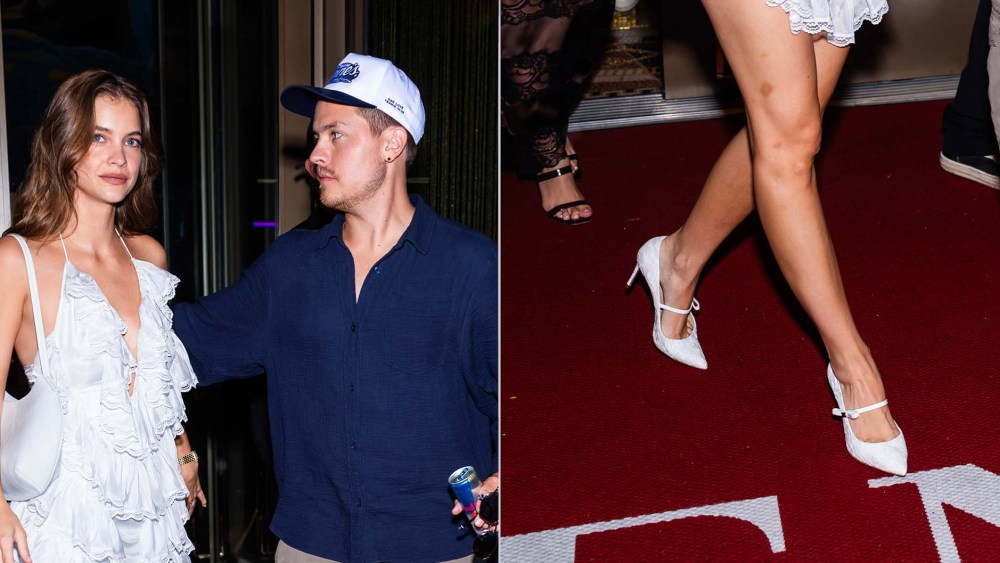Barbara Palvin wearing white Casadei lace pumps with her husband Dylan Sprouse arriving at the U.S. Open on Saturday.