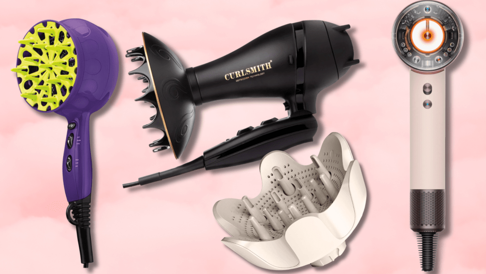 leading hair diffusers, from brands like curlsmith and dyson, over a soft pink cloud background