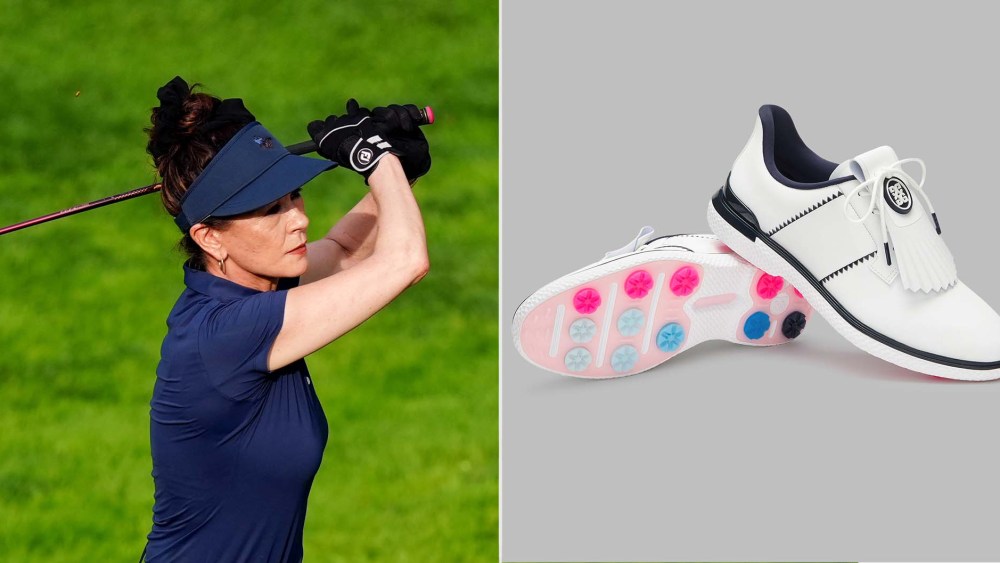 Catherine Zeta-Jones wearing G/Fore's Kiltie Golf Shoes during the All-Star Celebrity match at the Bethpage Black Course in Farmingdale, New York on Wednesday.