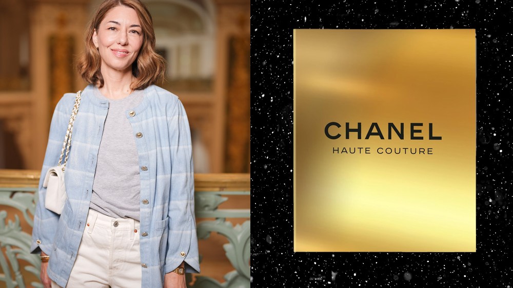 sofia coppola posing for a photograph with a chanel bag; chanel haute couture bag in glossy gold over a sparkling black background
