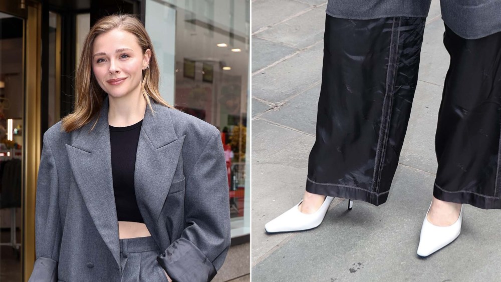 Chloë Grace Moretz wearing Jude Fame Pumps in white with a relaxed fitting suit ensemble by Vaquera out in New York City on Monday.