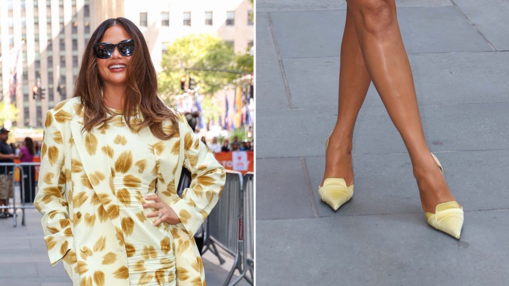 Chrissy Teigen in head-to-toe butter yellow, including her Tom Ford Satin Eva d'Orsay pumps, in New York City on Tuesday.