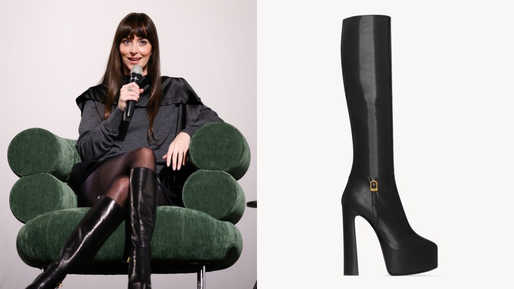 Dakota Johnson speaks on stage at the ZFF Masters during the 21st Zurich Film Festival on September 26, 2025 in Zurich, Switzerland, dakota johnson wearing saint laurent nico platform boots