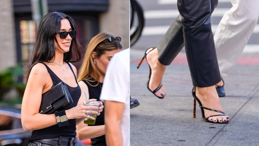 Dua Lipa wears Tom Ford patent leather double ankle strap sandals on Saturday.