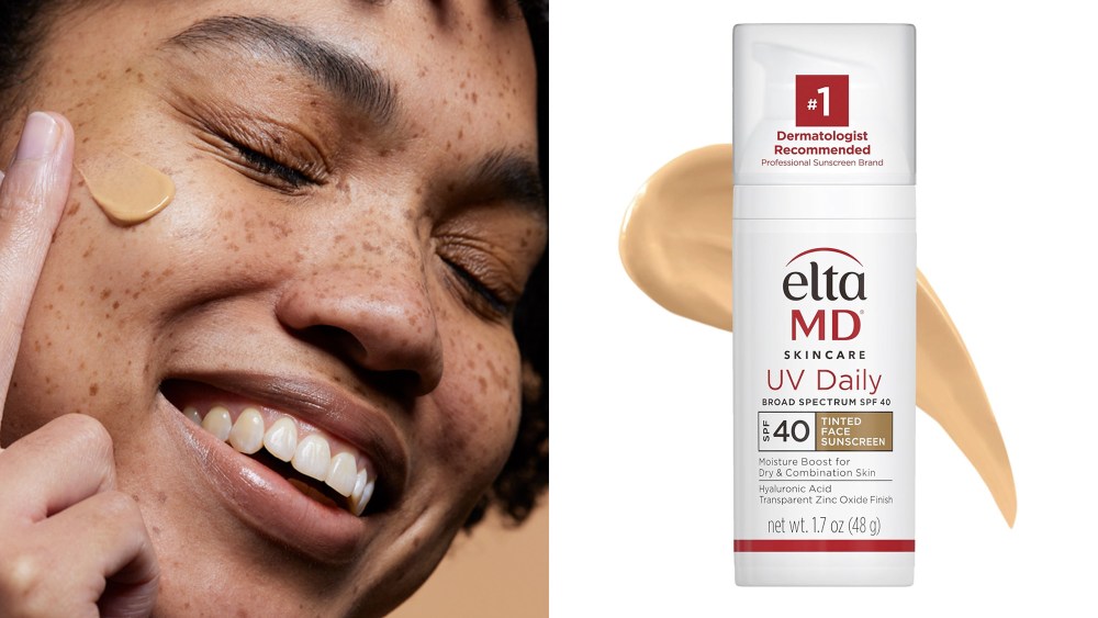 woman applying tinted EltaMD sunscreen while smiling; EltaMD sunscreen over a white background