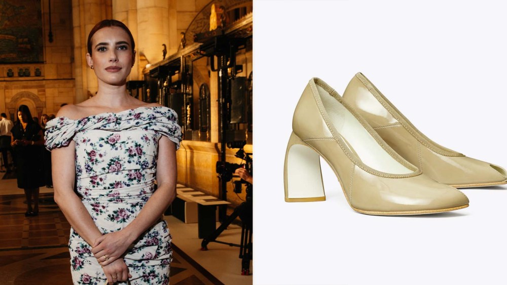 Emma Roberts in twisted peep-toe pumps at the Tory Burch fashion show as part of spring 2026 New York Fashion Week held at One Hanson Place on Monday evening in Brooklyn, New York.