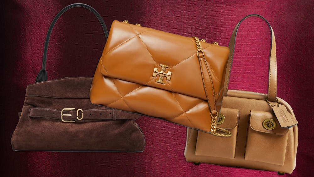 three fall handbags overlaid on a velvet red background