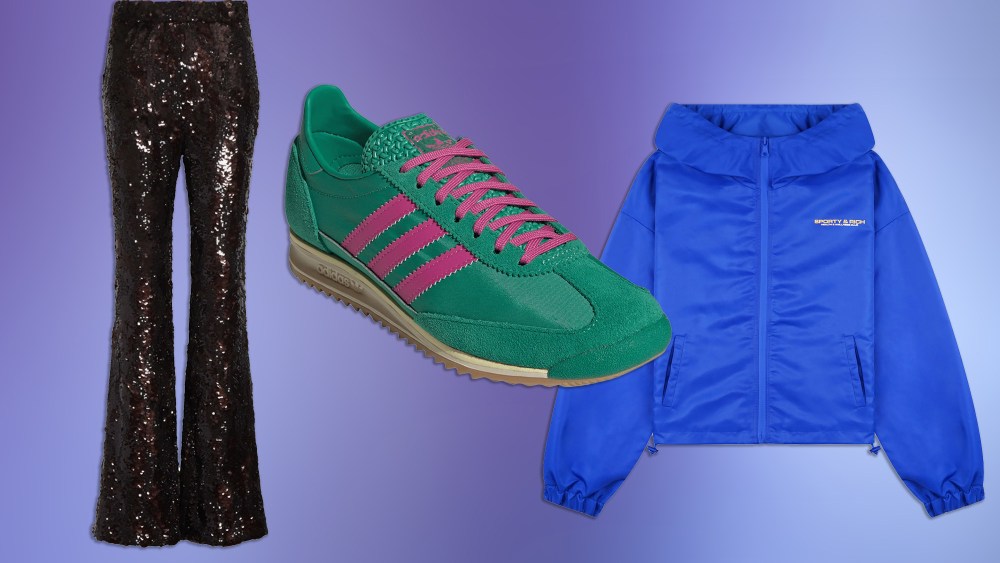 sequined pants, green adidas sneakers, and a blue windbreaker over a gradient blue background