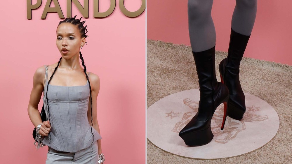 FKA Twigs wears Louboutin Matières Fécales boots with a curved heel at the Pandora Talisman launch party in New York on Monday.
