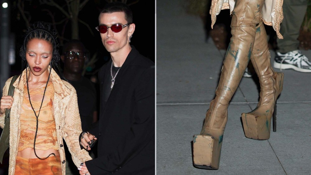 FKA Twigs in towering Windowsen thigh-high platform boots and Jordan Hemingway seen at the VMA's after party in Chelsea on Sunday in New York City.