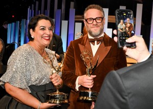 Simran Baidwan, Seth Rogen at the 77th Primetime Emmy Awards Governors Ball on September 14, 2025 in Los Angeles, California.