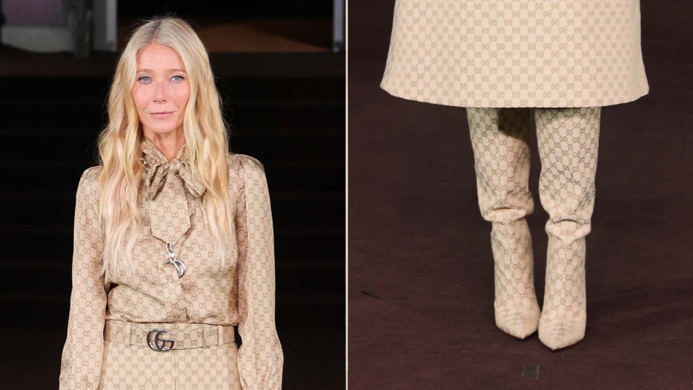 Gwyneth Paltrow in one of Demna's first footwear offerings as Gucci artistic director, a pair of monogrammed leather boots.