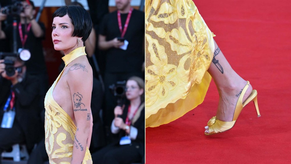 Halsey wearing Christian Louboutin Guitoune Flower Slingback pumps at the Venice Film Festival premiere of "The Smashing Machine" on Monday.