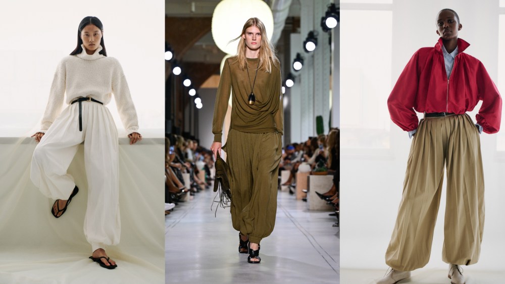 Models wearing harem pants by Adam Lippes and Michael Kors from their spring 2026 collections.